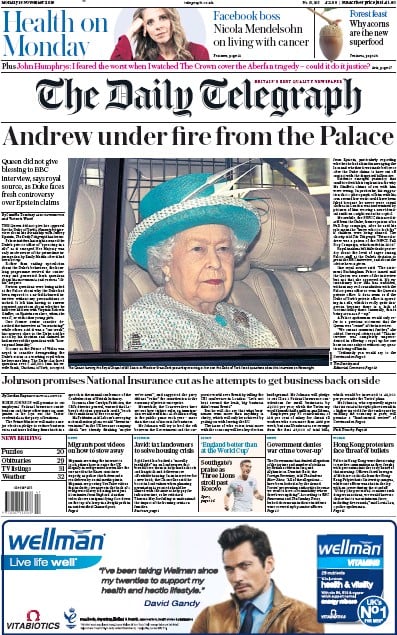 The Daily Telegraph Newspaper Front Page (UK) for 18 November 2019