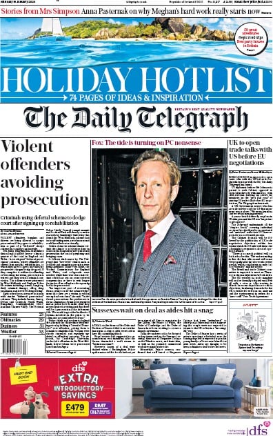 The Daily Telegraph Newspaper Front Page (UK) for 18 January 2020