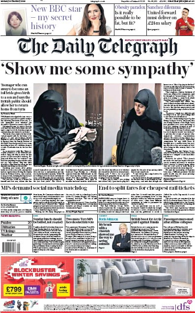 The Daily Telegraph Newspaper Front Page (UK) for 18 February 2019
