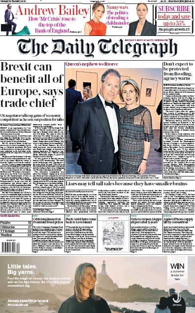 The Daily Telegraph Newspaper Front Page (UK) for 18 February 2020