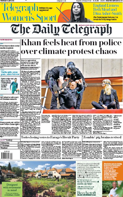 The Daily Telegraph Newspaper Front Page (UK) for 18 April 2019