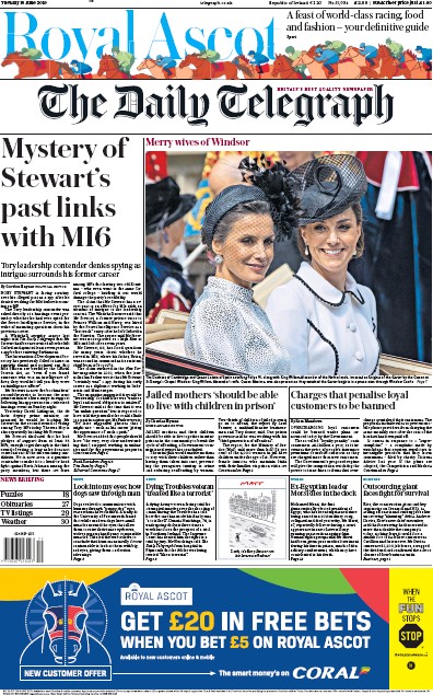 The Daily Telegraph Newspaper Front Page (UK) for 18 June 2019