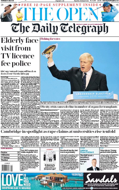 The Daily Telegraph Newspaper Front Page (UK) for 18 July 2019