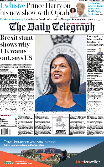 The Daily Telegraph Newspaper Front Page (UK) for 18 September 2019