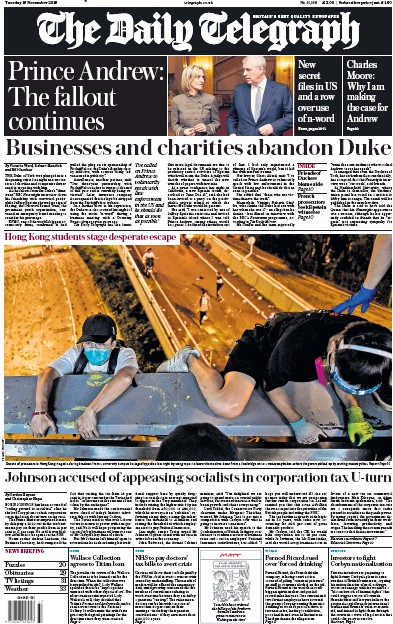 The Daily Telegraph Newspaper Front Page (UK) for 19 November 2019