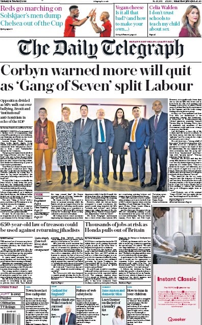 The Daily Telegraph Newspaper Front Page (UK) for 19 February 2019