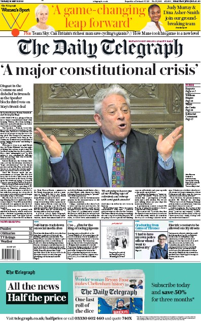 The Daily Telegraph Newspaper Front Page (UK) for 19 March 2019