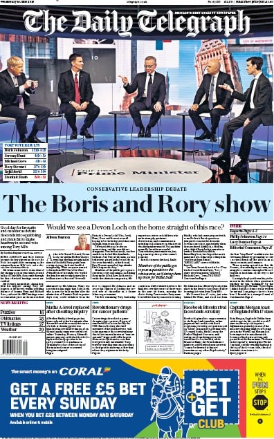 The Daily Telegraph Newspaper Front Page (UK) for 19 June 2019