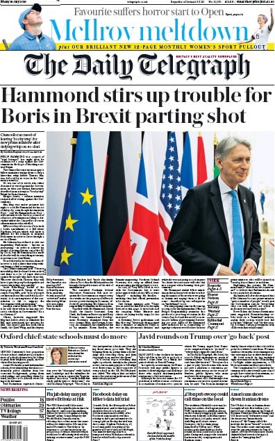 The Daily Telegraph Newspaper Front Page (UK) for 19 July 2019