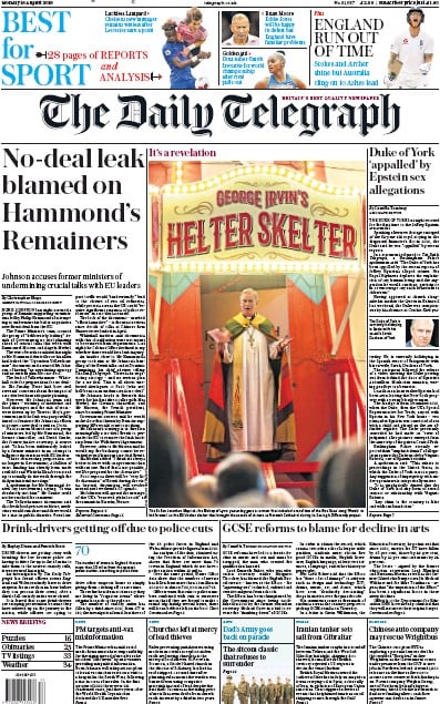The Daily Telegraph Newspaper Front Page (UK) for 19 August 2019