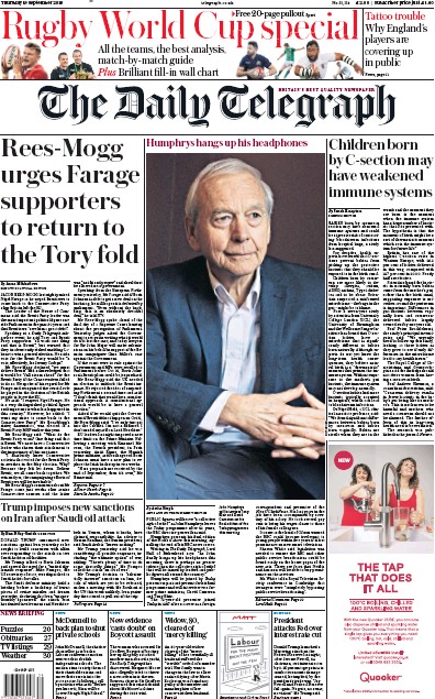 The Daily Telegraph Newspaper Front Page (UK) for 19 September 2019