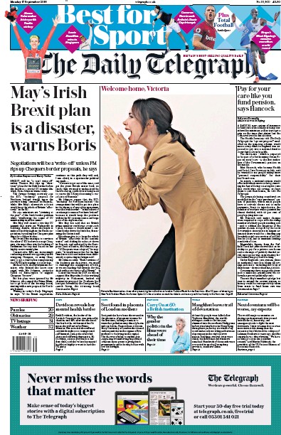 The Daily Telegraph Newspaper Front Page (UK) for 1 October 2018