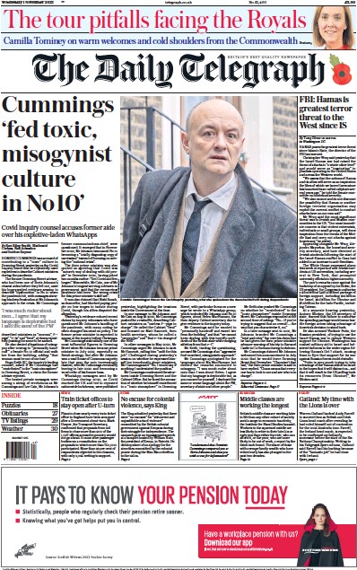 The Daily Telegraph Newspaper Front Page (UK) for 1 November 2023