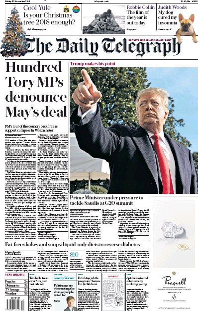 The Daily Telegraph Newspaper Front Page (UK) for 1 December 2018