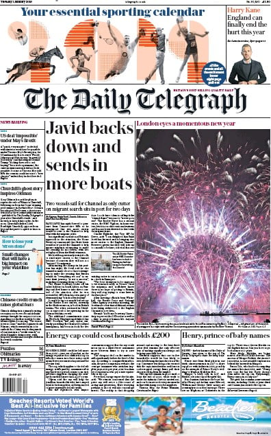 The Daily Telegraph Newspaper Front Page (UK) for 1 January 2019