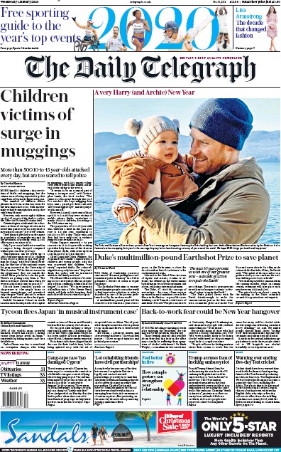 The Daily Telegraph Newspaper Front Page (UK) for 1 January 2020
