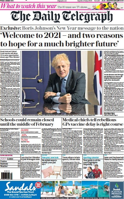 The Daily Telegraph (UK) Front Page for 1 January 2021 | Paperboy Online Newspapers