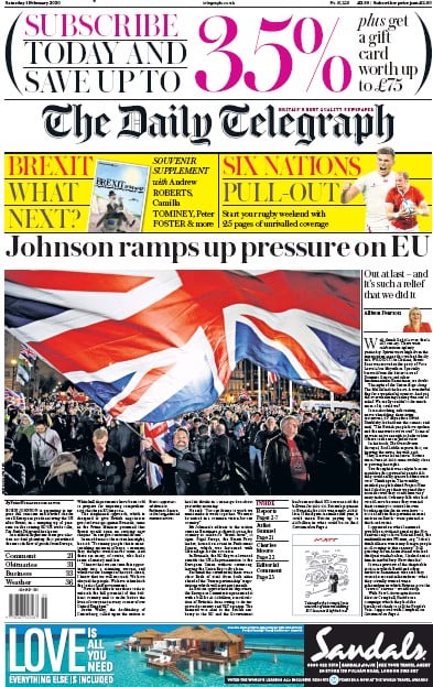 The Daily Telegraph Newspaper Front Page (UK) for 1 February 2020