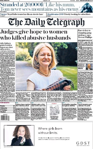 The Daily Telegraph Newspaper Front Page (UK) for 1 March 2019