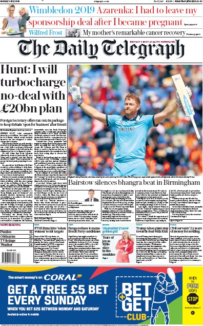The Daily Telegraph Newspaper Front Page (UK) for 1 July 2019