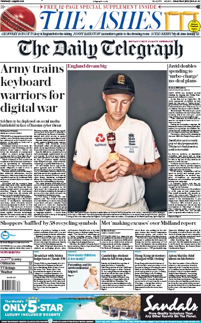 The Daily Telegraph Newspaper Front Page (UK) for 1 August 2019