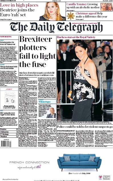The Daily Telegraph Newspaper Front Page (UK) for 20 November 2018