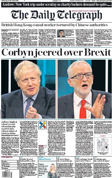 The Daily Telegraph Newspaper Front Page (UK) for 20 November 2019