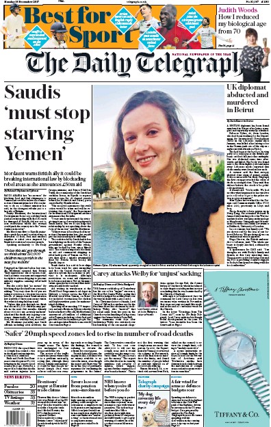 The Daily Telegraph Newspaper Front Page (UK) for 20 December 2017