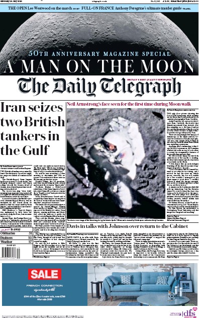 The Daily Telegraph Newspaper Front Page (UK) for 20 July 2019
