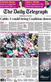 The Daily Telegraph Newspaper Front Page (UK) for 21 December 2010