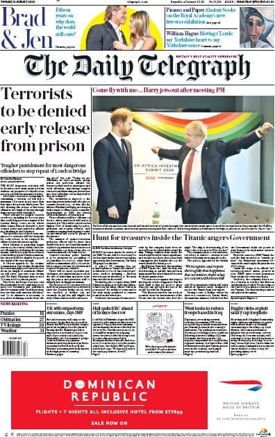 The Daily Telegraph Newspaper Front Page (UK) for 21 January 2020