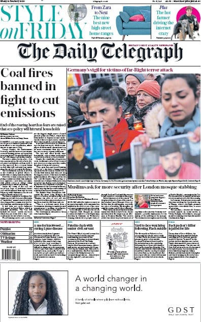 The Daily Telegraph Newspaper Front Page (UK) for 21 February 2020