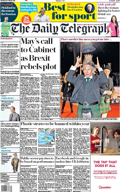 The Daily Telegraph Newspaper Front Page (UK) for 22 October 2018