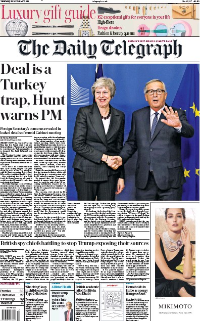 The Daily Telegraph Newspaper Front Page (UK) for 22 November 2018