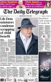 The Daily Telegraph Newspaper Front Page (UK) for 22 December 2010
