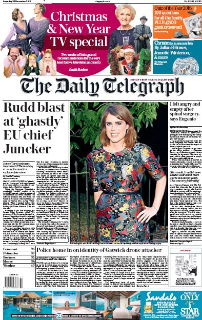 The Daily Telegraph Newspaper Front Page (UK) for 22 December 2018