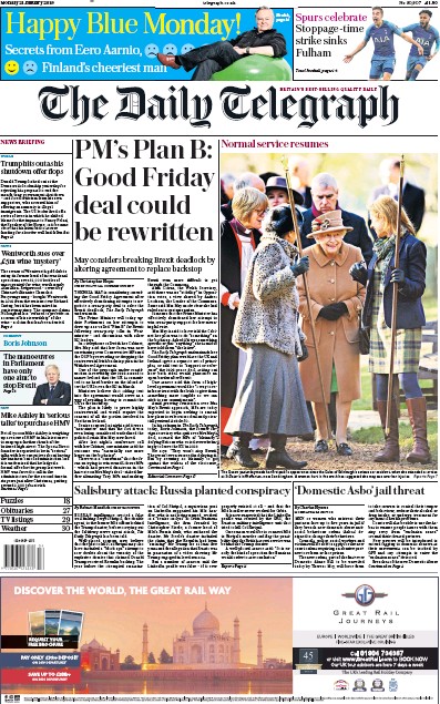 The Daily Telegraph Newspaper Front Page (UK) for 22 January 2019