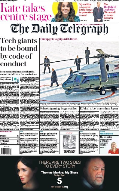 The Daily Telegraph Newspaper Front Page (UK) for 22 January 2020