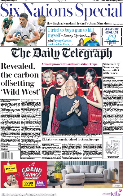 The Daily Telegraph Newspaper Front Page (UK) for 22 February 2020