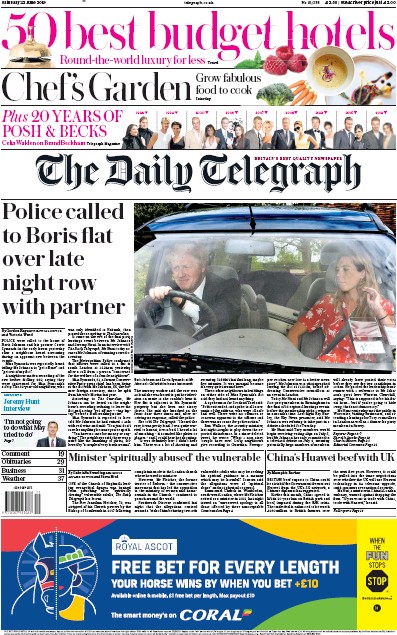 The Daily Telegraph Newspaper Front Page (UK) for 22 June 2019