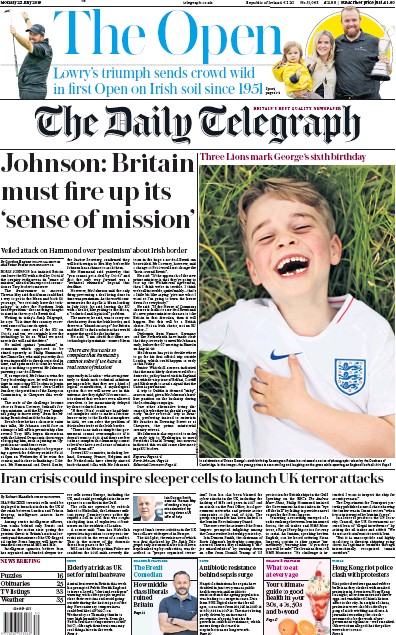 The Daily Telegraph Newspaper Front Page (UK) for 22 July 2019