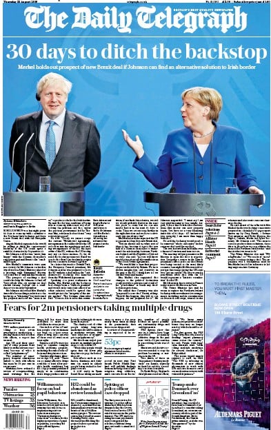 The Daily Telegraph Newspaper Front Page (UK) for 22 August 2019