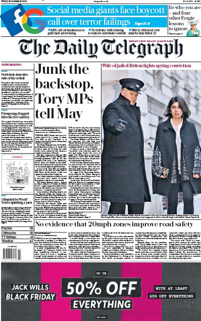 The Daily Telegraph Newspaper Front Page (UK) for 23 November 2018