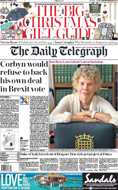 The Daily Telegraph Newspaper Front Page (UK) for 23 November 2019
