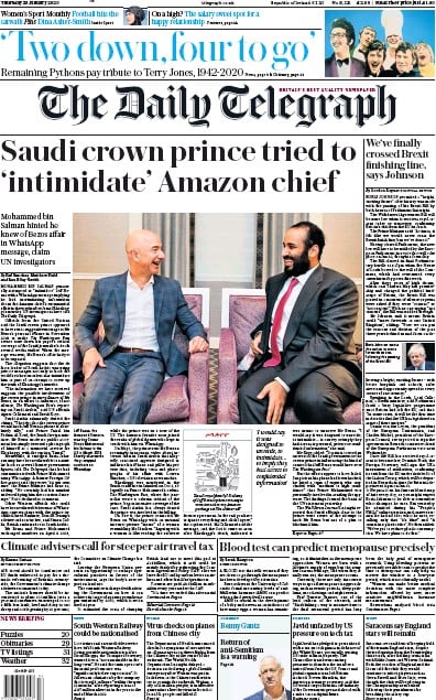 The Daily Telegraph Newspaper Front Page (UK) for 23 January 2020