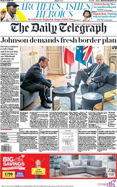 The Daily Telegraph Newspaper Front Page (UK) for 23 August 2019