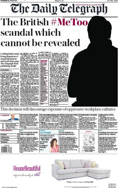 The Daily Telegraph Newspaper Front Page (UK) for 24 October 2018