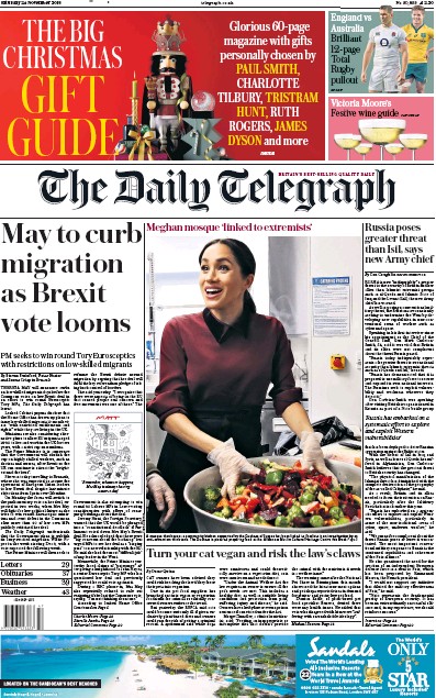 The Daily Telegraph Newspaper Front Page (UK) for 24 November 2018