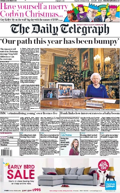 The Daily Telegraph Newspaper Front Page (UK) for 24 December 2019