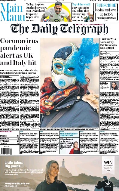 The Daily Telegraph Newspaper Front Page (UK) for 24 February 2020